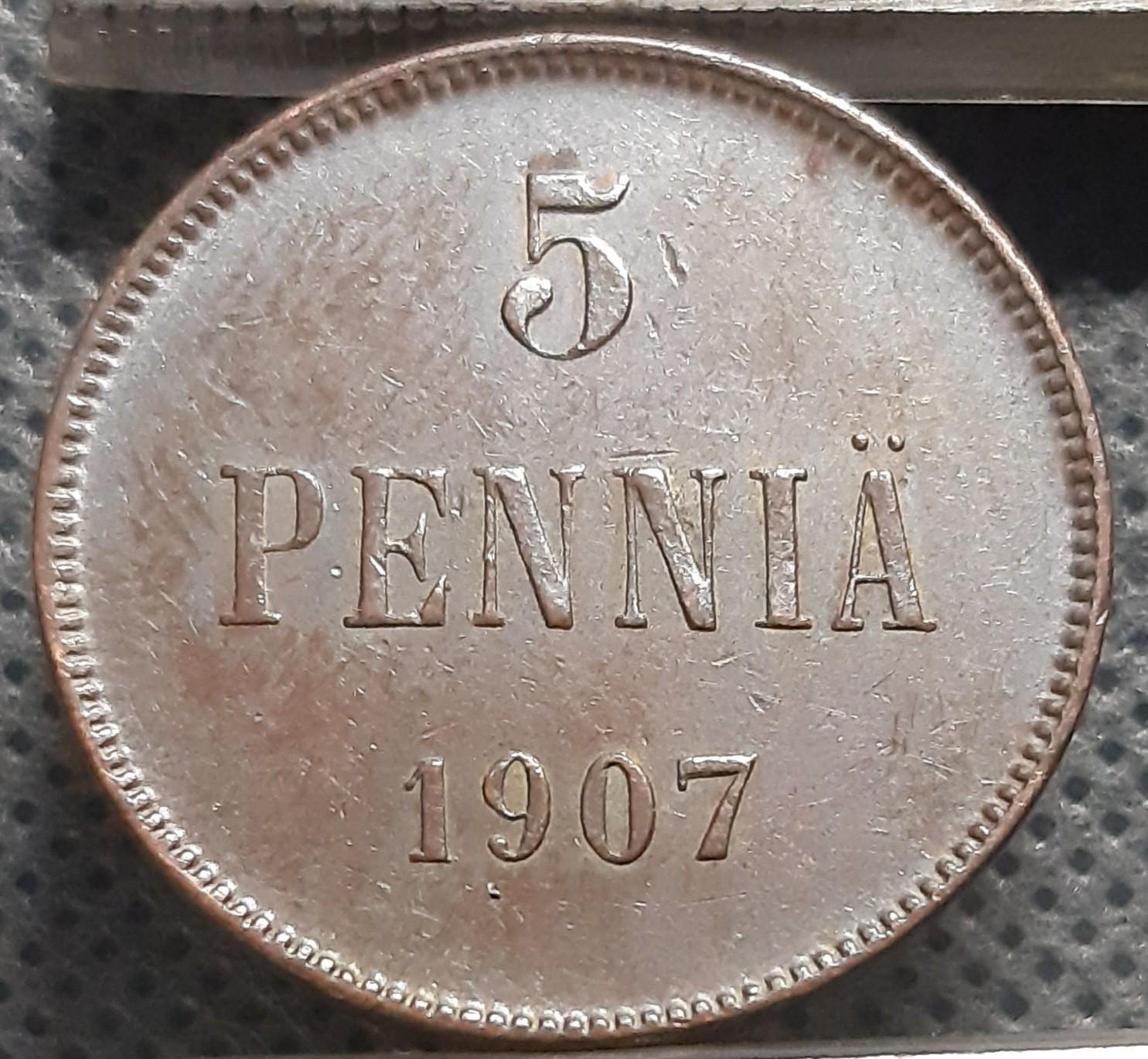 Suomija 5 Pensai 1907 KM#15 Varis (645)