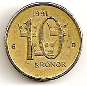 Švedija. 10 kronų ( 1991 ) XF 