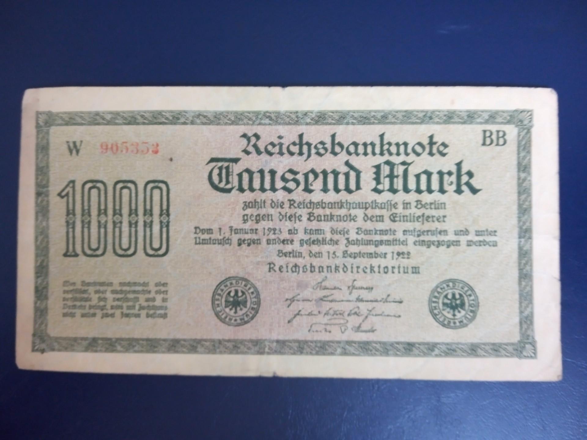 Vokietija Reichsbanknote 1000mark 1922 m 
