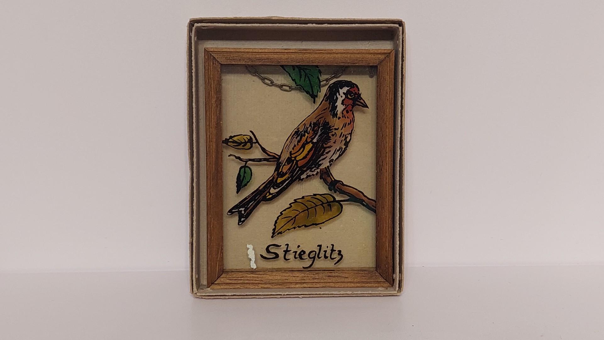 Rankų darbo stiklinis paveiksliukas paukštis Stieglitz
