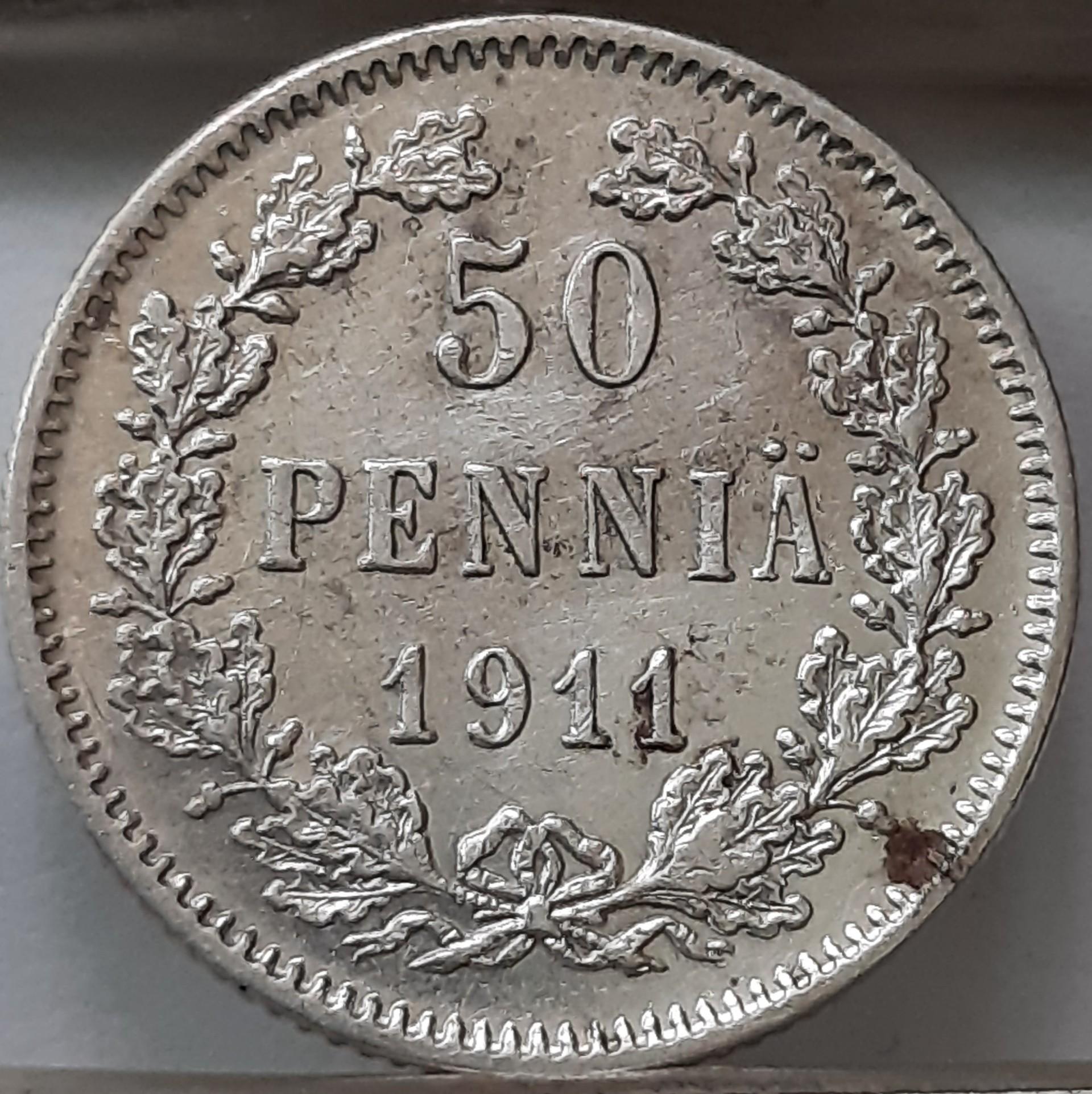 Suomija 50 Pensų 1911 KM#2.2 Sidabras (4142)