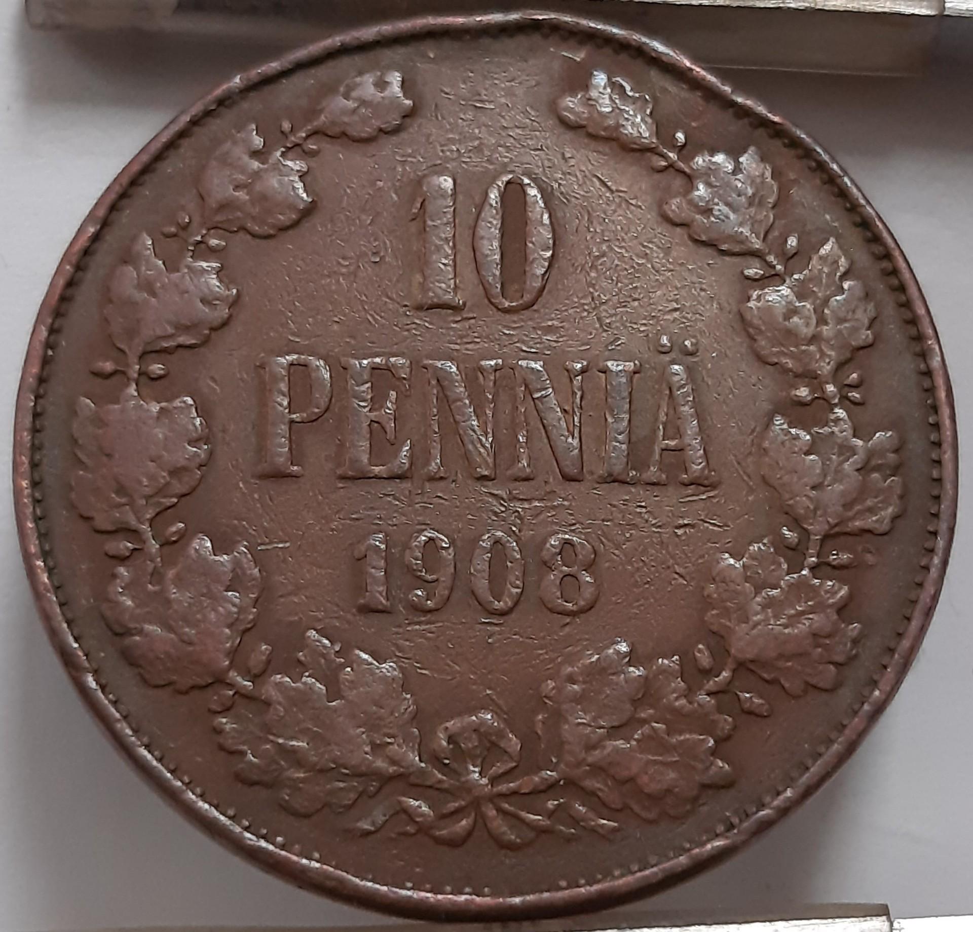 Suomija 10 Pensų 1908 KM#14 Varis (4214)