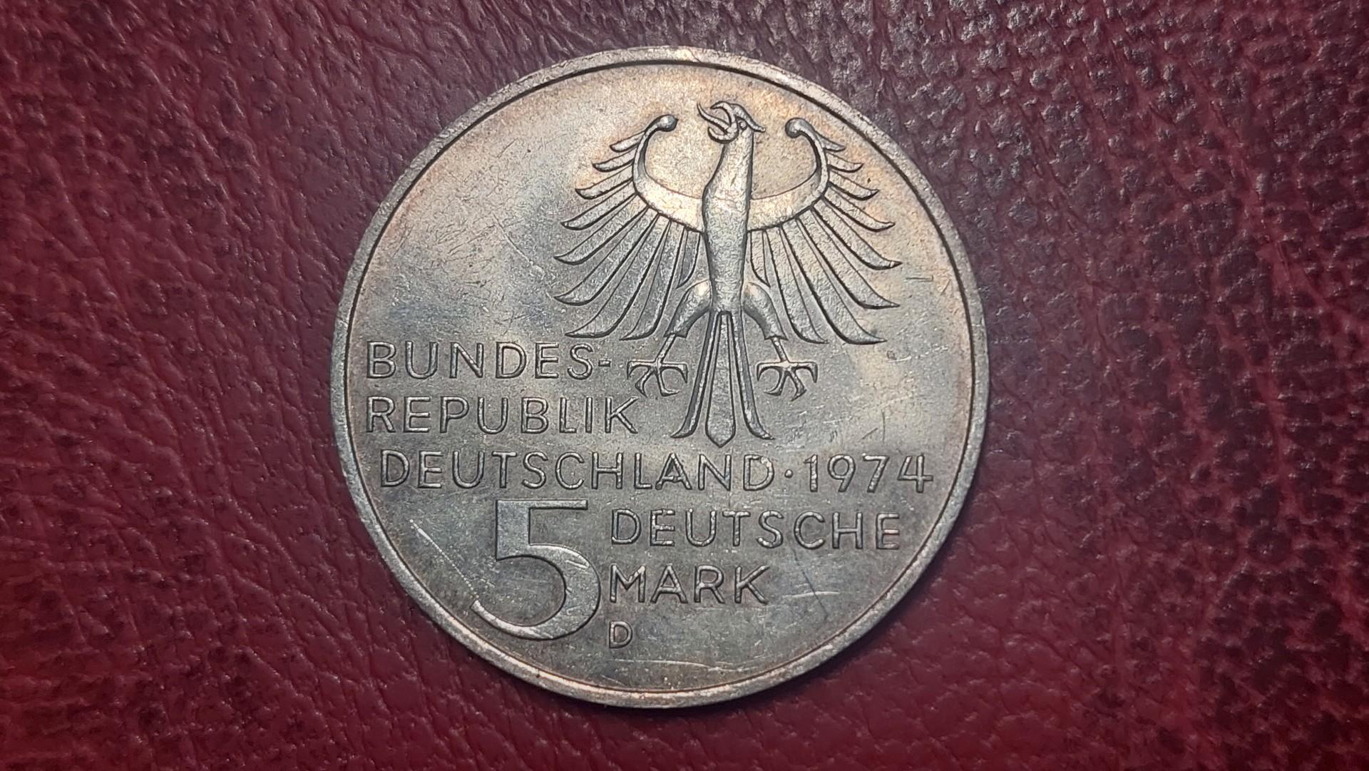 Vokietija 5 markės, 1974 KM# 139 I. Kanto AG 0.625