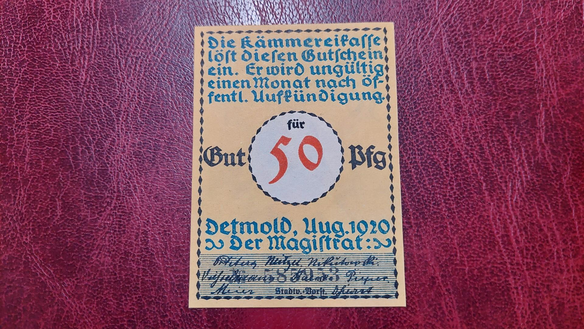50 Pfennig 1920.08 Detmold Notgeld Vokietija