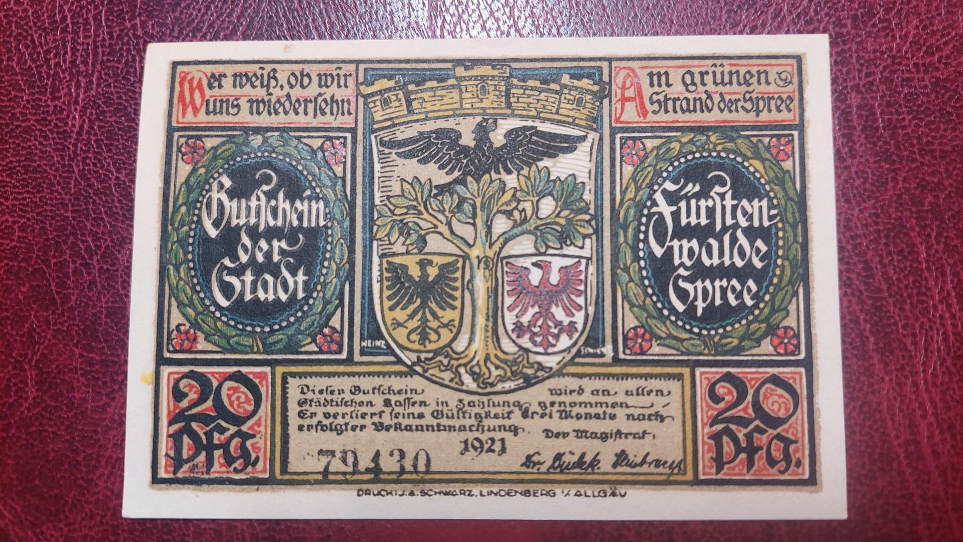 20 Pfennig 1921 Fürstenwalde Notgeld Vokietija