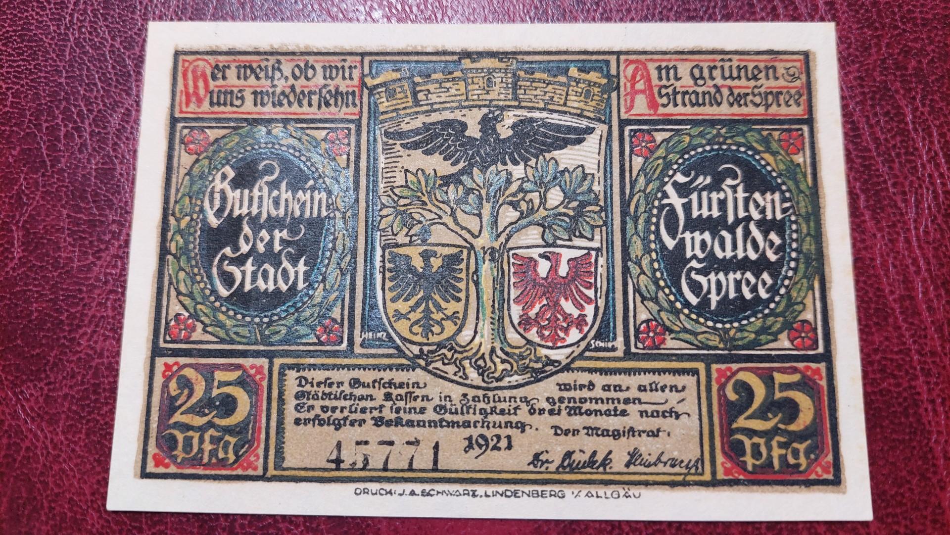 25 Pfennig 1921 Fürstenwalde Notgeld Vokietija