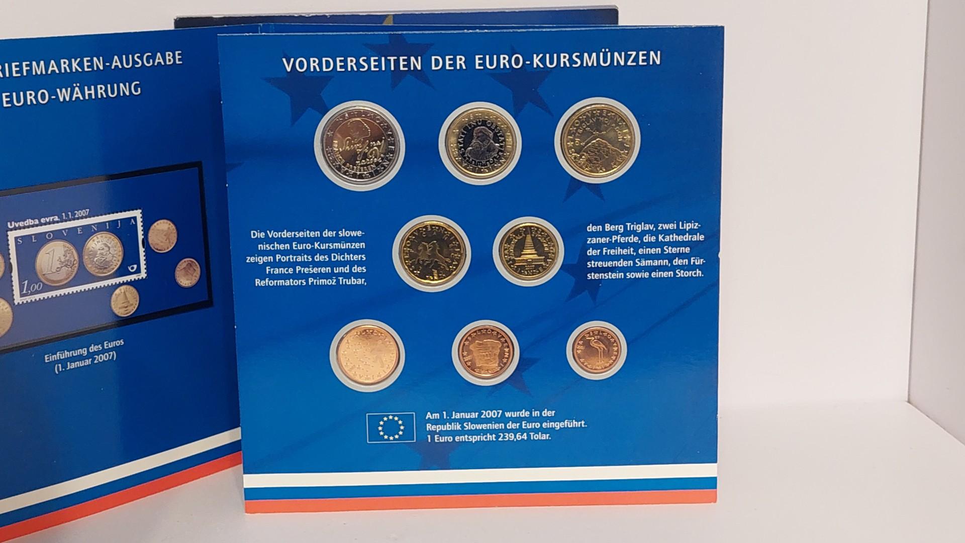 Slovėnijos Euro monetų setas 2007 su pašto ženlais