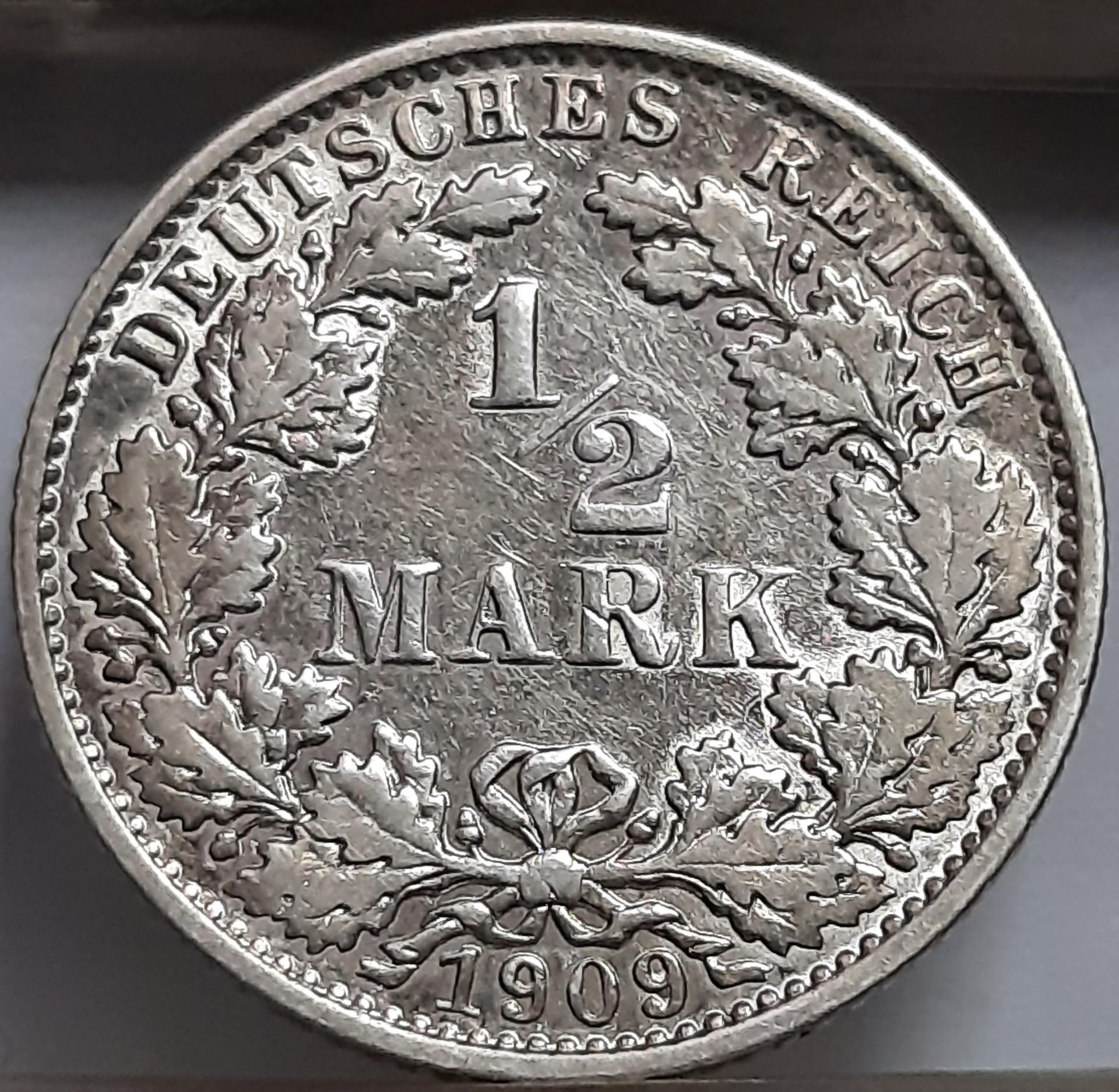 Vokietija ½ Markės 1909 E KM#17 Sidabras (6715)