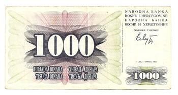 Bosnija ir Hercogovina. 1000 dinarų ( 1992 ) UNC