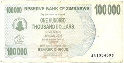Zimbabvė. 100000 dolerių ( 2006/ 2007 ) VF