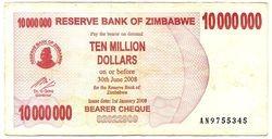 Zimbabvė. 10000000 dolerių ( 2008 ) VF