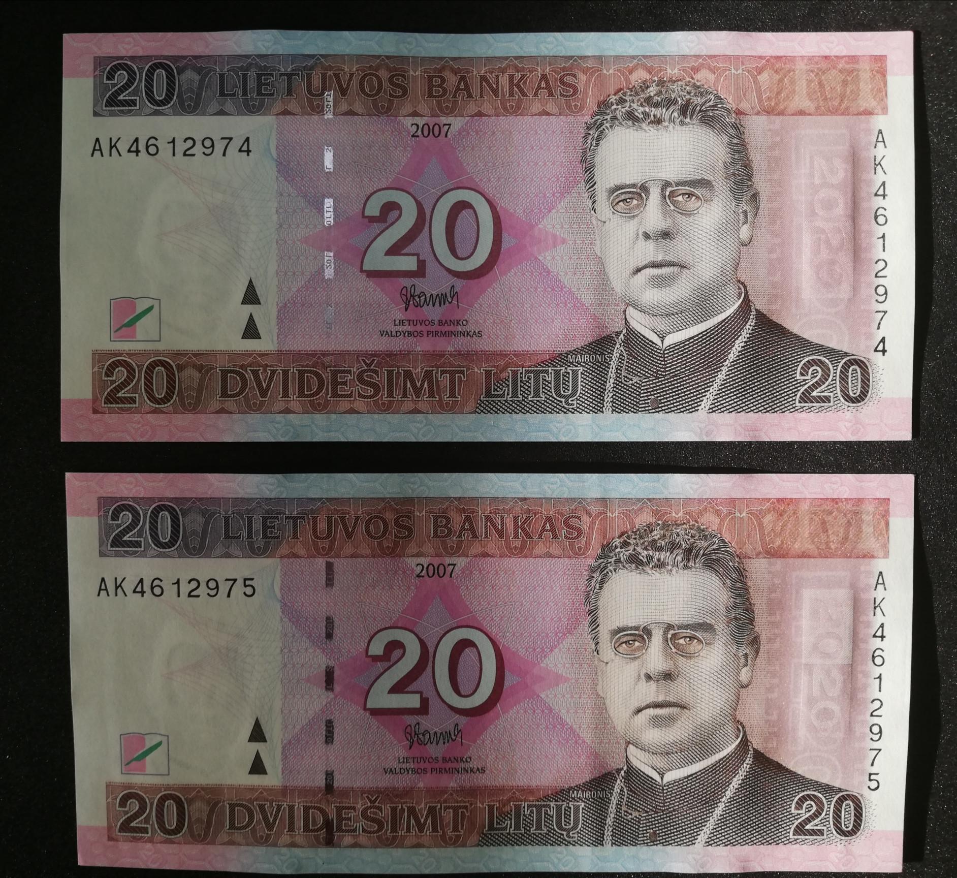 20 Litų Maironis UNC banknotas x2 (nr. vienas po kito)