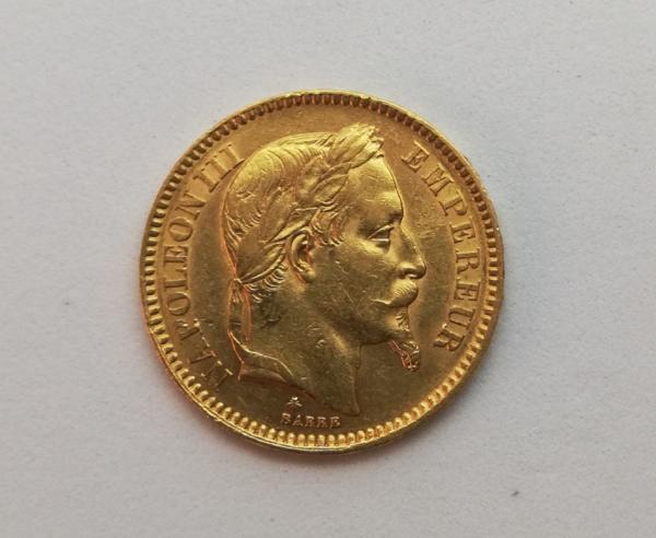 20 Prancūzijos frankų - Auksinė Moneta Napoleonas III (su vainiku)