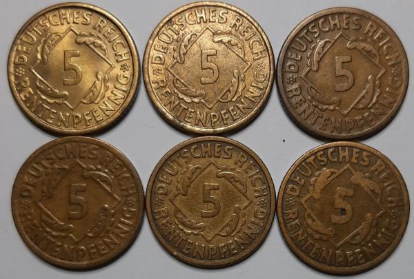 Kupčius aukcionas - Vokietija 5 rentenpfenigai 1924 A,D,E,F,G,J KM#32 (4114)