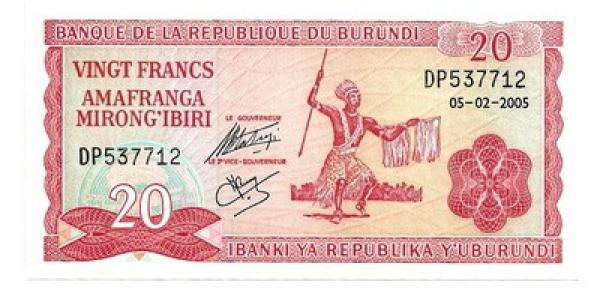 Kupčius aukcionas - Burundis. 20 frankų ( 2007 ) UNC